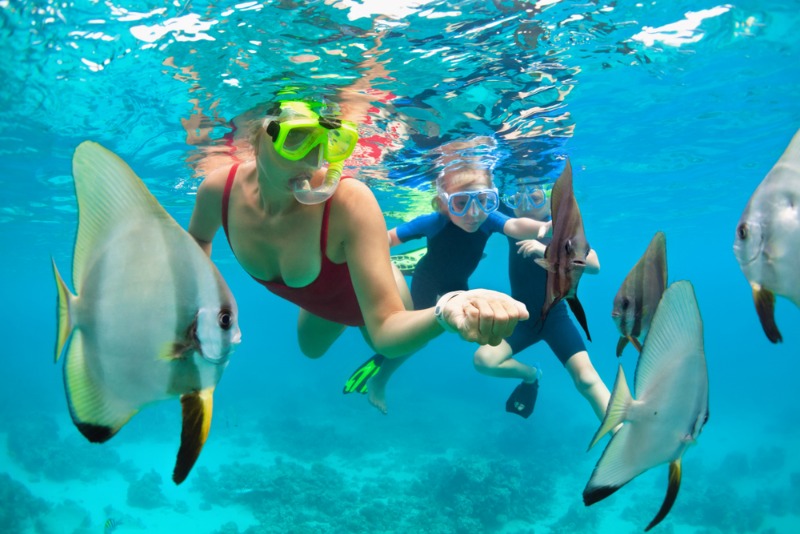 Maui Snorkeling: A mother and her two children enjoy snorkeling amid a West Maui reef.